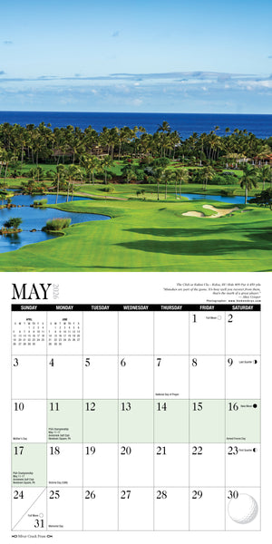Calendar page for May showing a golf course with ocean and palm trees in the background.