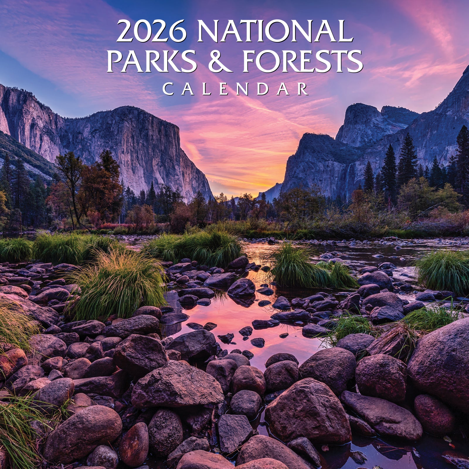 2026 National Parks & Forests calendar cover with a scenic view of mountains and a river.