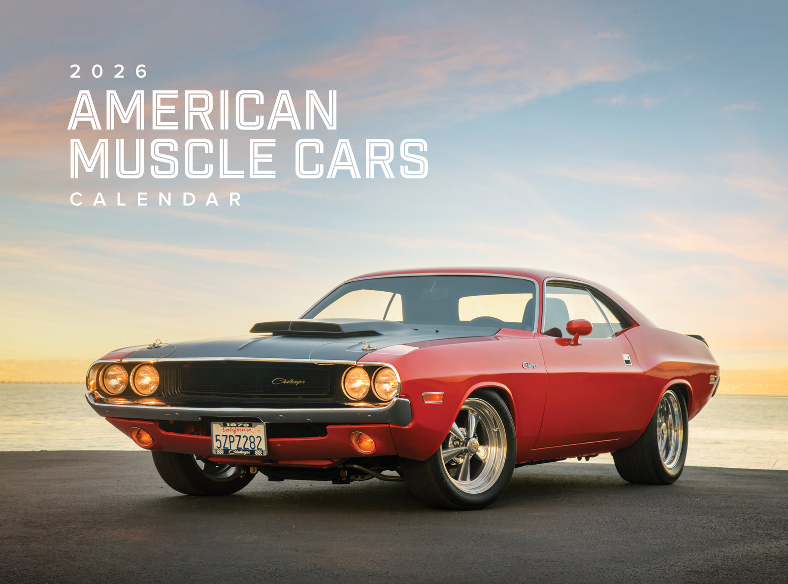 2026 American Muscle Cars calendar with a red muscle car on a beach at sunset.