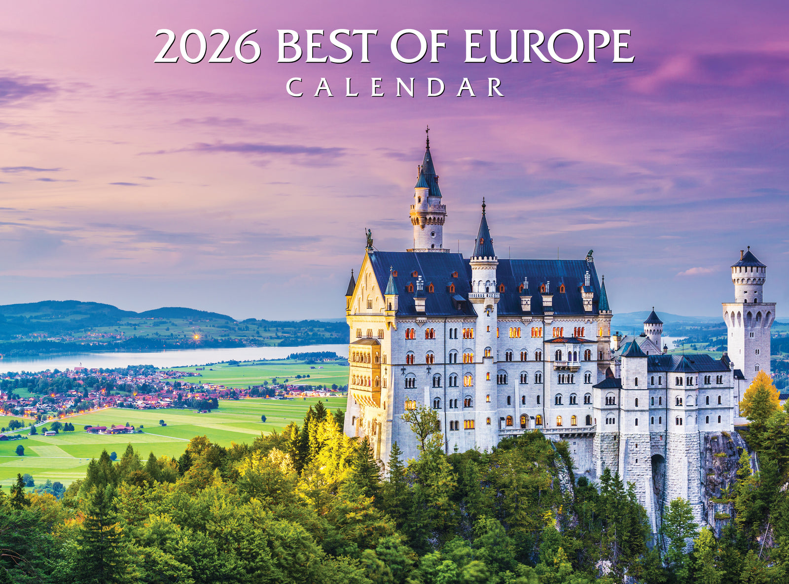 2026 Best of Europe calendar with a castle in the foreground and scenic landscape.
