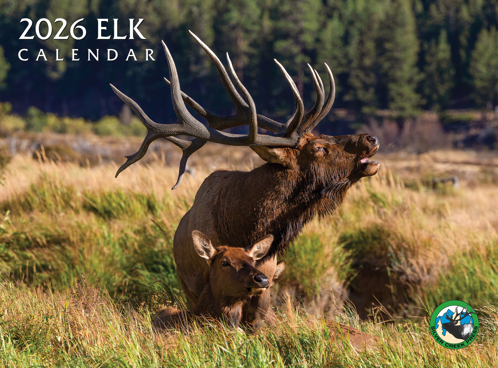 2026 Elk calendar with a large elk and calf in a natural setting.