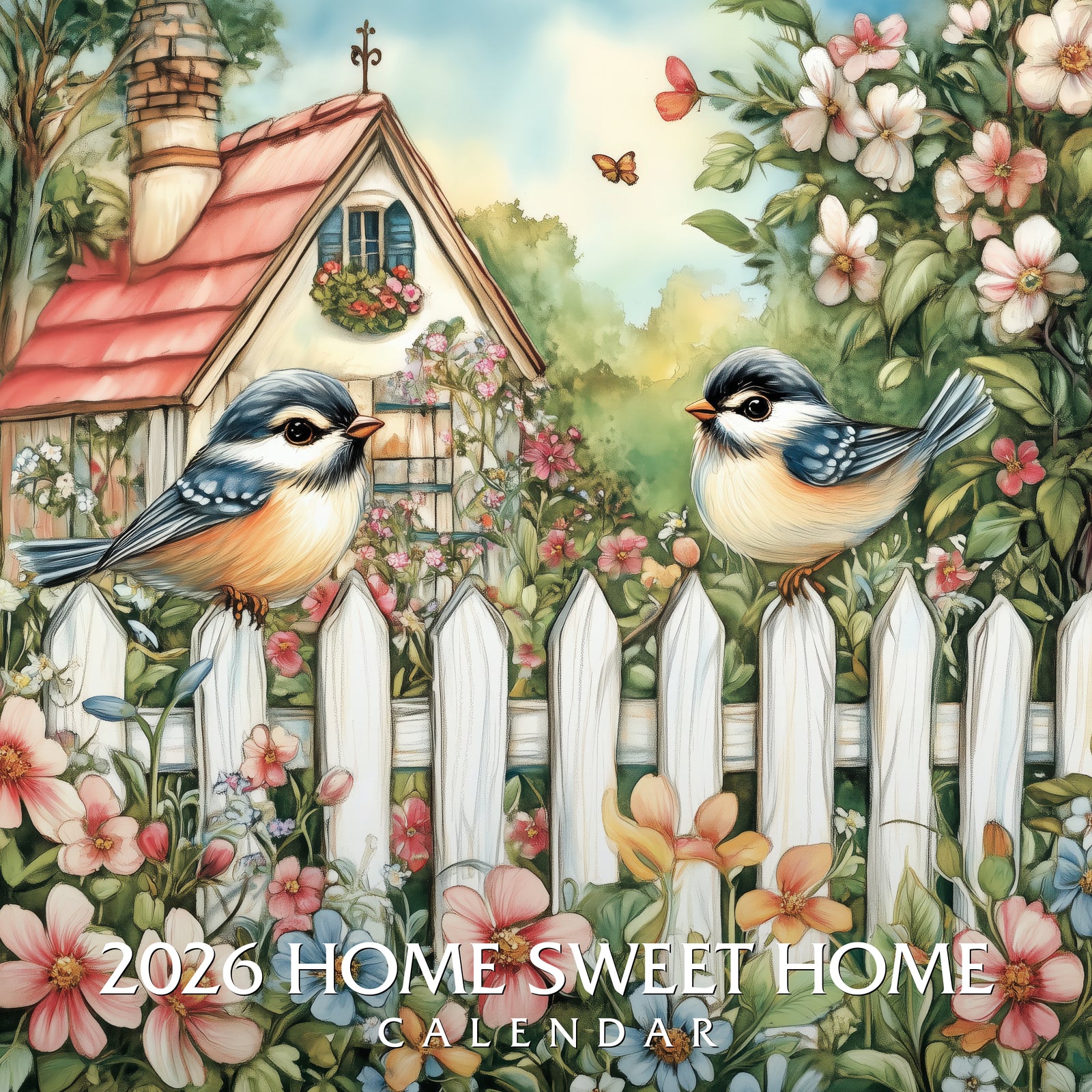 2026 Home Sweet Home calendar with birds on a fence and flowers