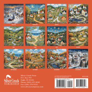 Calendar with twelve landscape illustrations for each month on an orange background, featuring the Silver Creek Press branding.