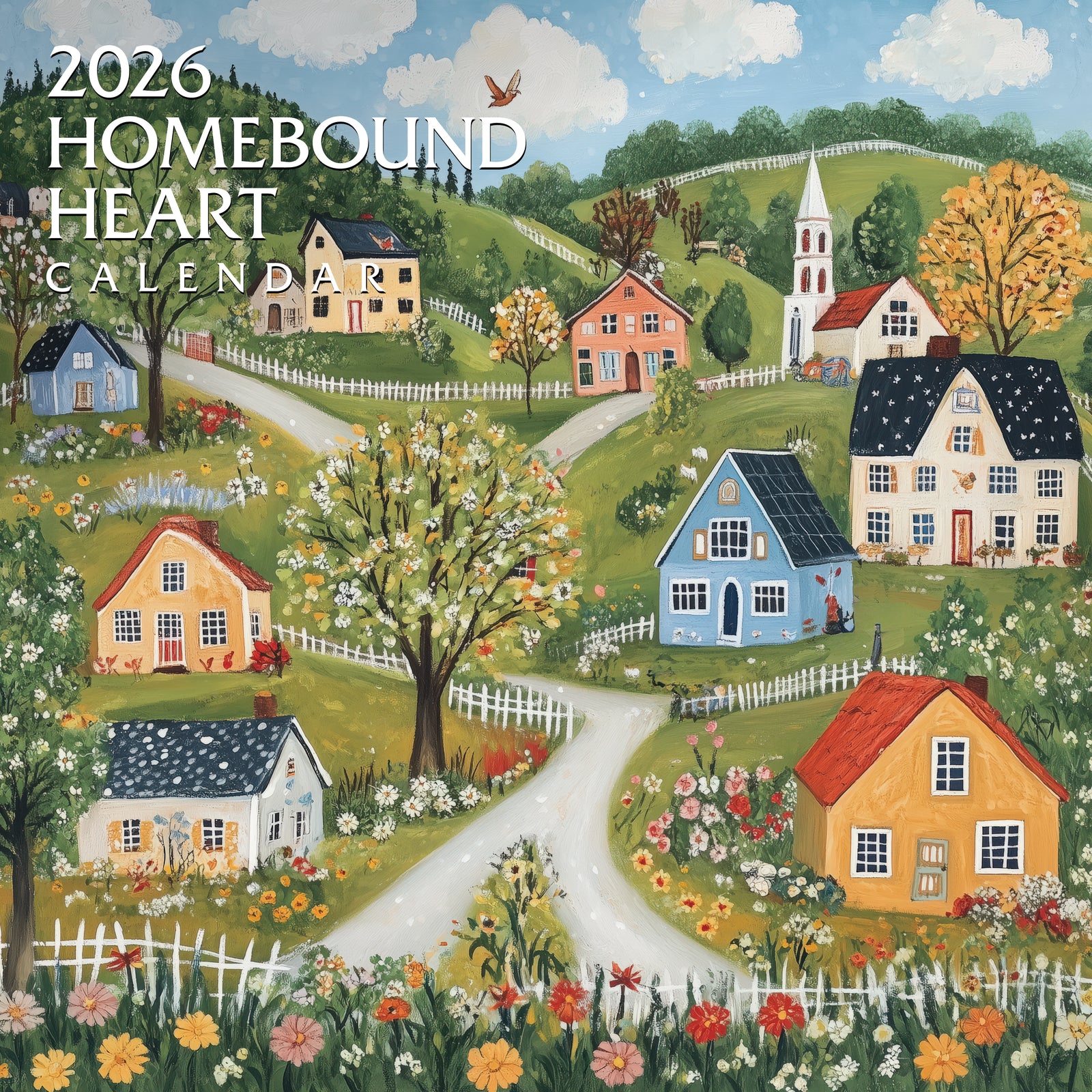 2026 Homebound Heart calendar with a colorful illustration of houses and nature.