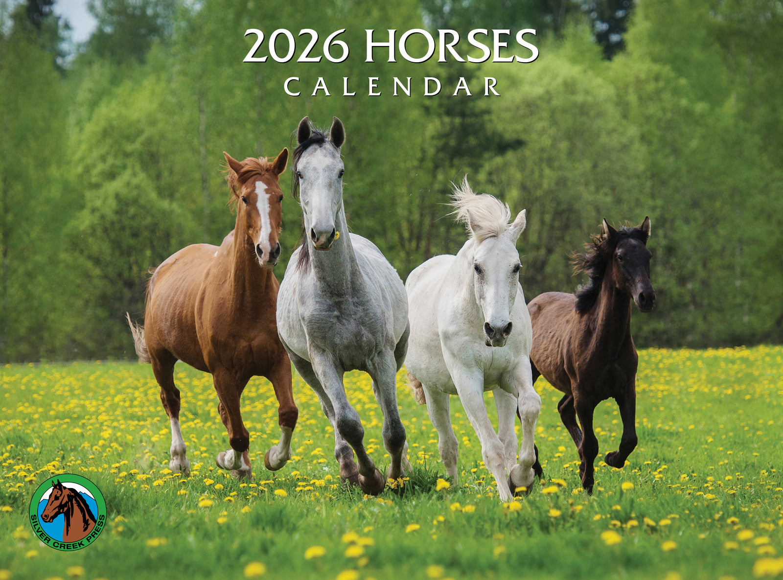 2026 Horses calendar with four horses running in a field
