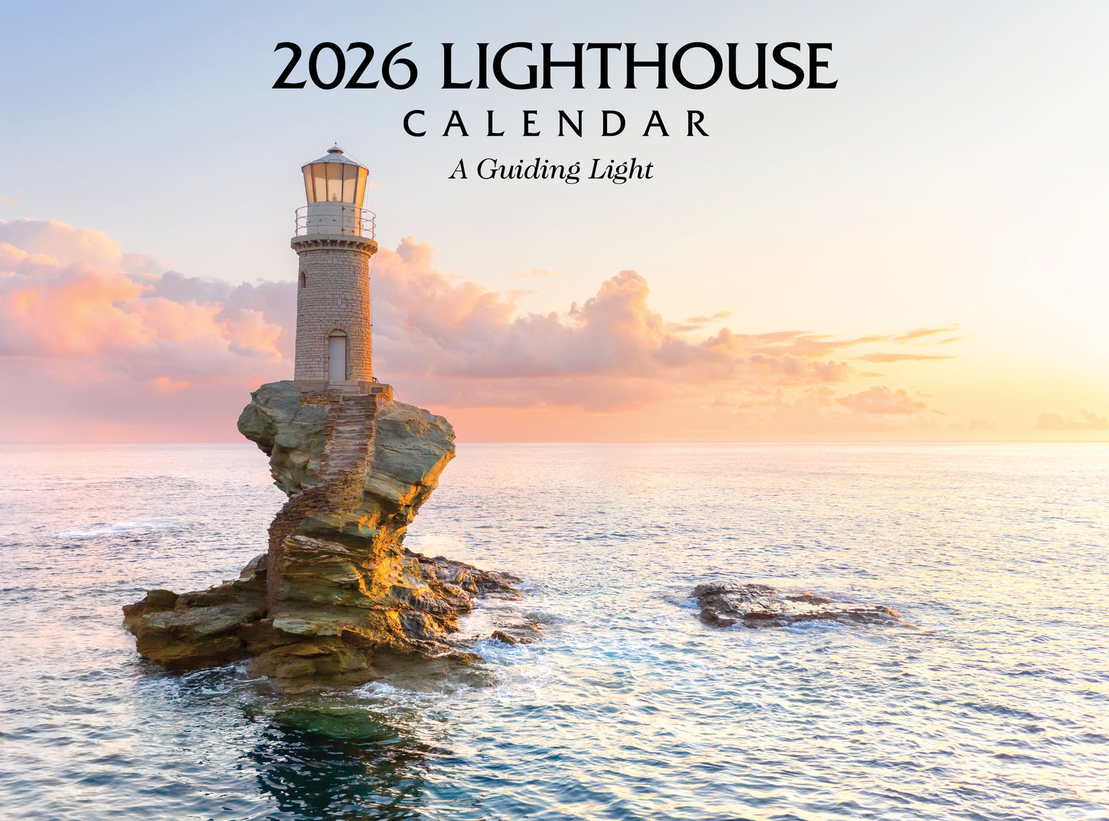 2026 Lighthouse Calendar cover with a lighthouse on an island in the ocean at sunset.