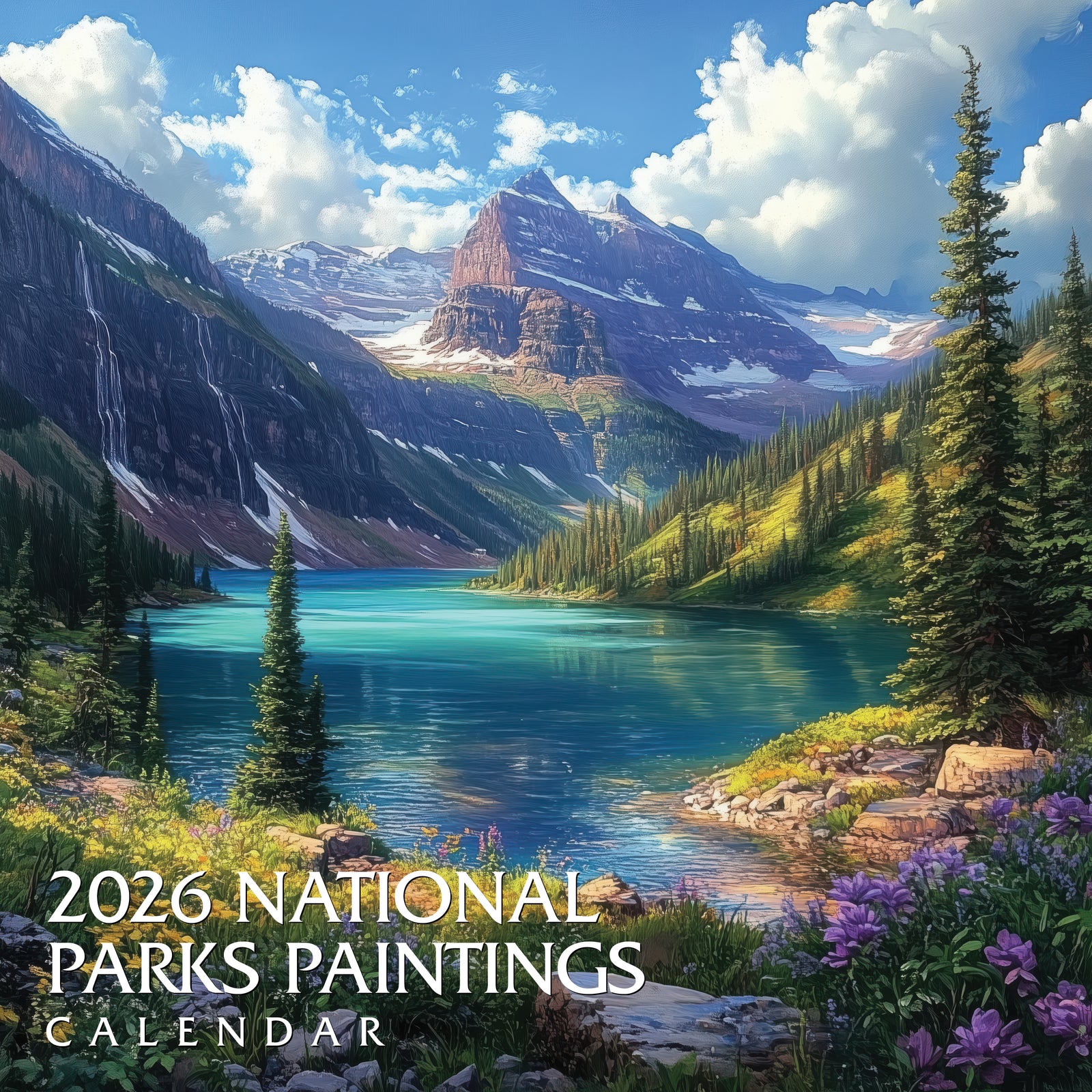 2026 National Parks Paintings Calendar with a mountain landscape featuring a lake and trees.