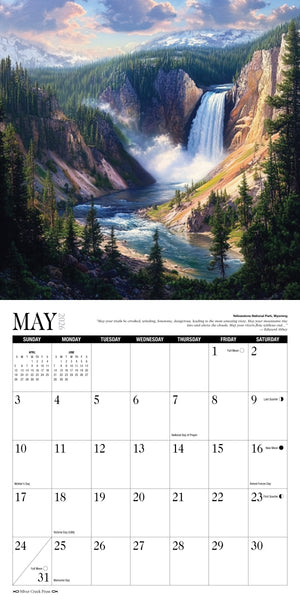 Calendar with a scenic waterfall and forest design, featuring the month of May.