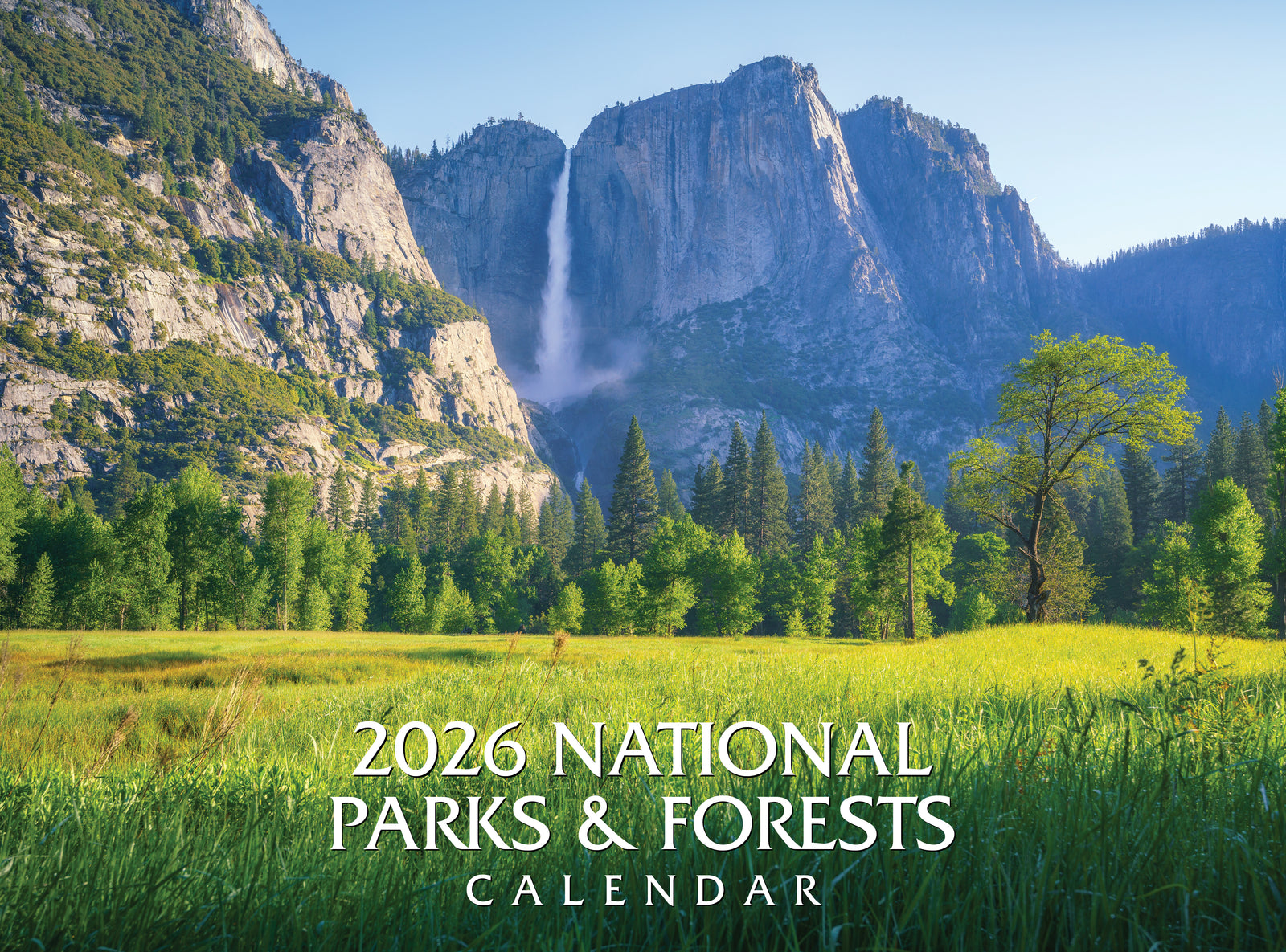 Calendar cover with a scenic view of mountains and a waterfall, featuring the text '2026 National Parks & Forests Calendar'.