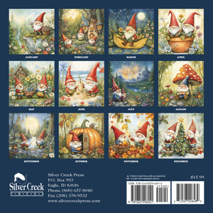 Calendar with twelve gnome illustrations for each month on a blue background, featuring Silver Creek Press branding.