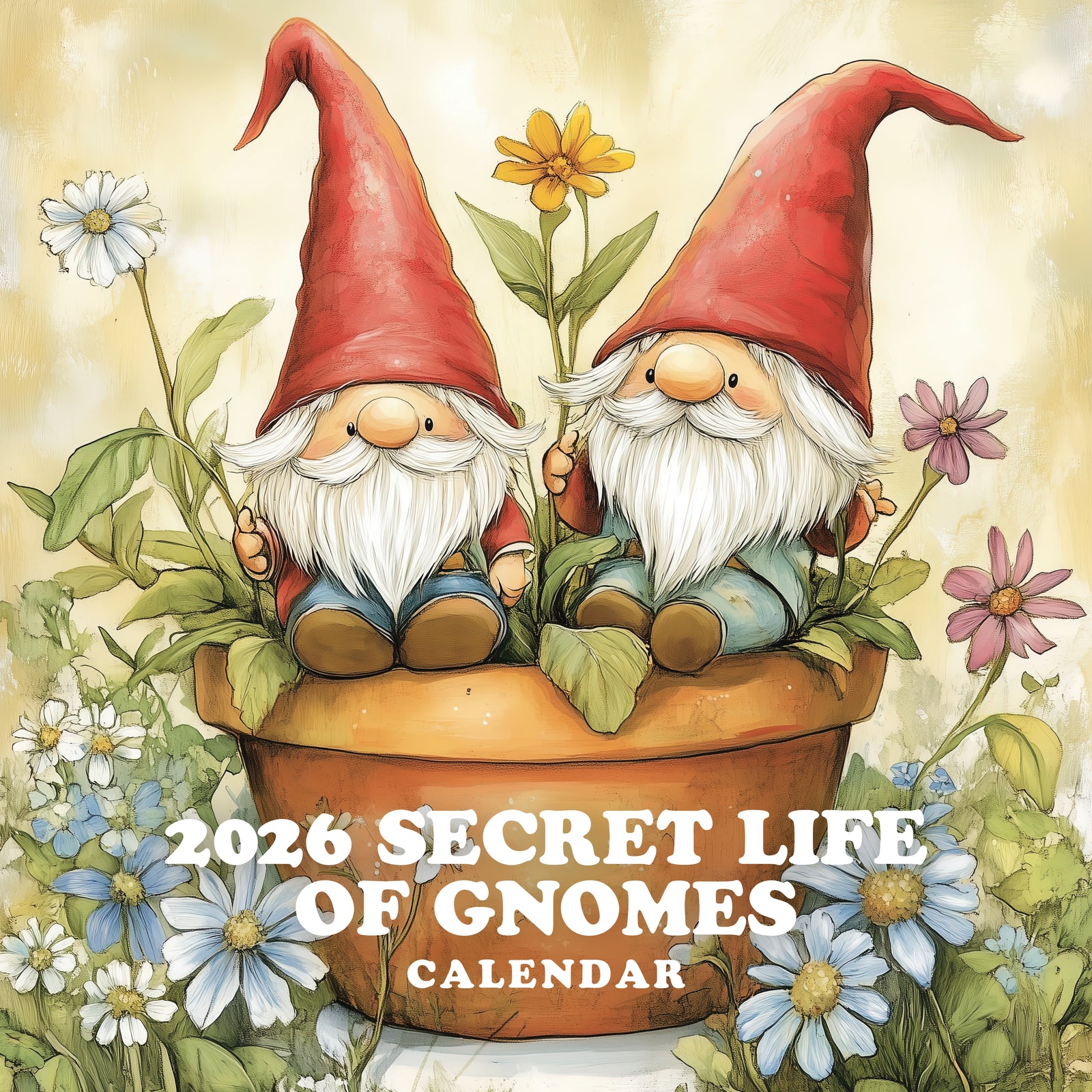 Calendar cover with two gnomes in a pot surrounded by flowers and plants.