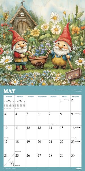 Calendar page for May with garden gnomes in a garden setting