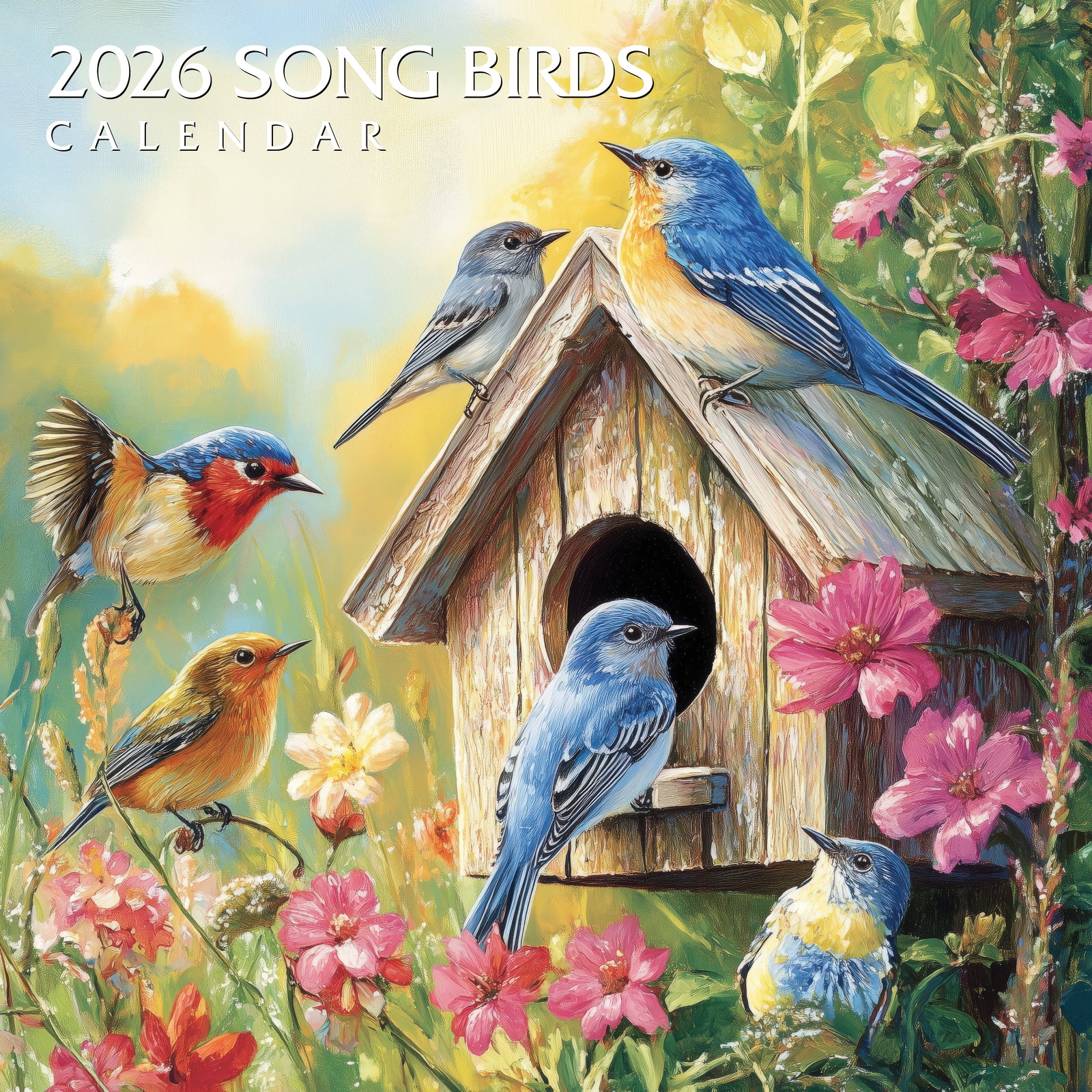 2026 Song Birds calendar cover with birds around a birdhouse and flowers.