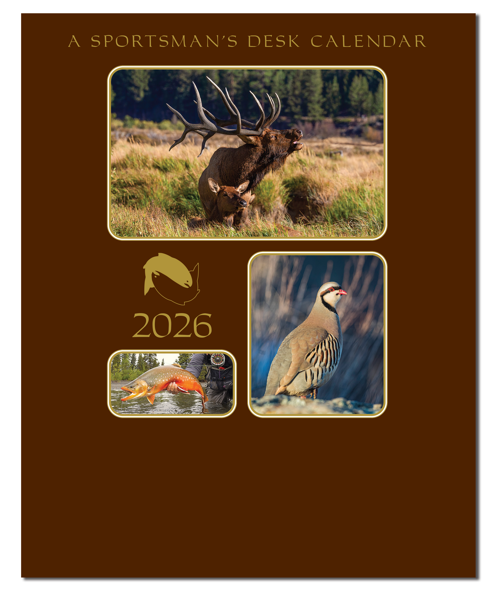 2026 Sportsman's Desk Calendar with nature-themed images on a brown background
