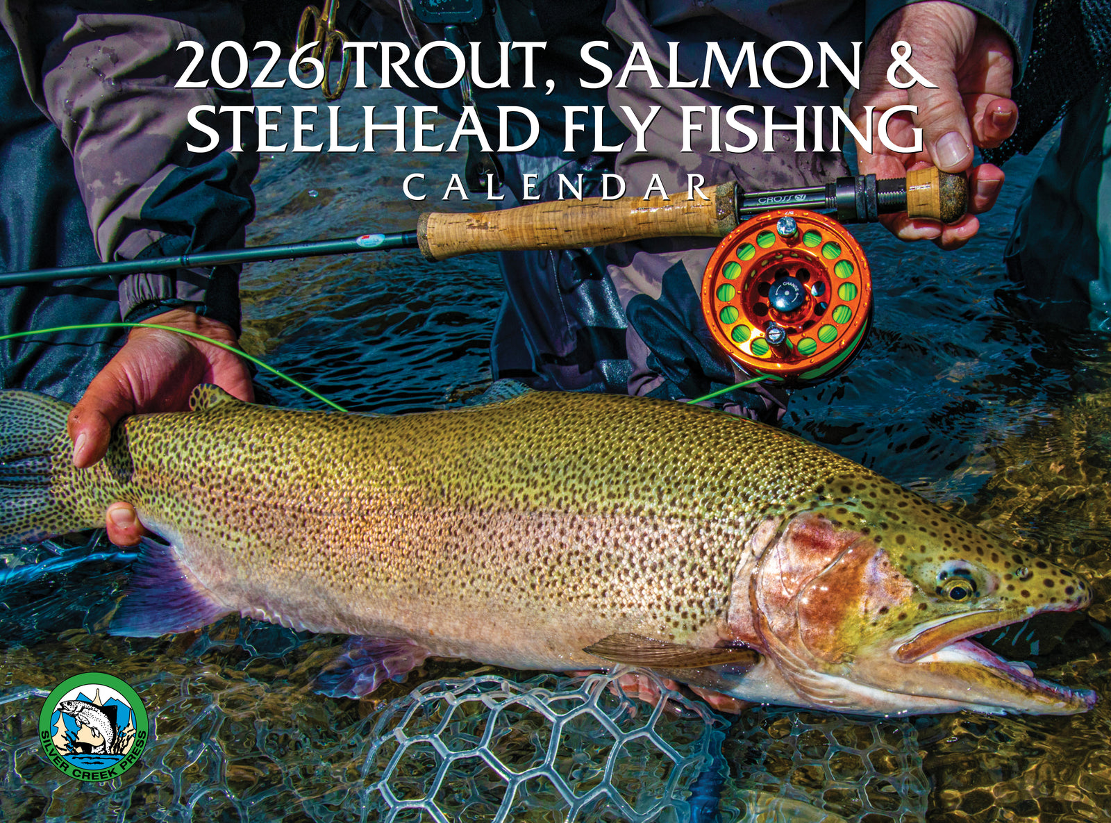 Calendar cover featuring a trout, salmon, and steelhead fly fishing theme with a person holding a fishing rod.
