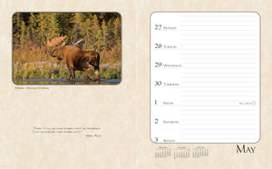 Calendar page for May with a moose photo and a list of dates.