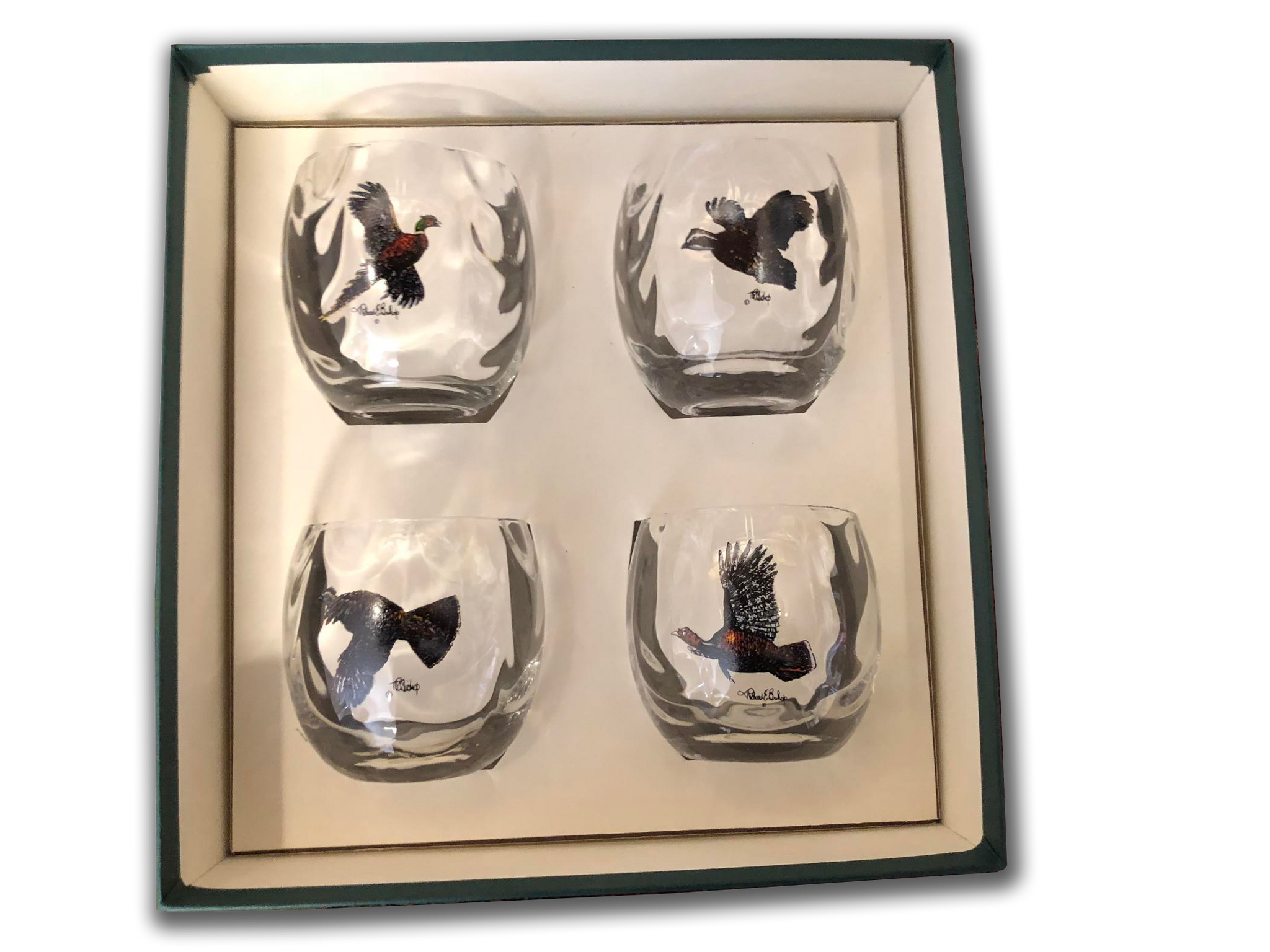 Roly Poly Glasses - Hand blown, Set of four 11 Oz. glasses (Waterfowl, Trout, & Upland Birds)