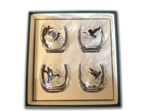 Roly Poly Glasses - Hand blown, Set of four 11 Oz. glasses (Waterfowl, Trout, & Upland Birds)